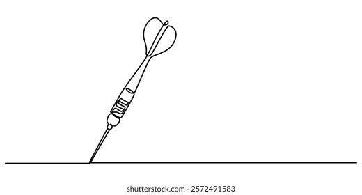 Darts continuous one line drawing of a white background, Dart sticking in surface, Continuous line drawing of Target with arrows. Single line illustration of goal circle with three arrows in center. 