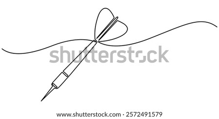 Darts continuous one line drawing of a white background, Dart sticking in surface, Continuous line drawing of Target with arrows. Single line illustration of goal circle with three arrows in center. 