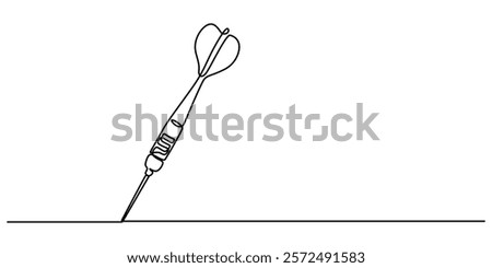Darts continuous one line drawing of a white background, Dart sticking in surface, Continuous line drawing of Target with arrows. Single line illustration of goal circle with three arrows in center. 