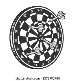 Darts with dartboard game sketch engraving vector illustration. T-shirt apparel print design. Scratch board style imitation. Black and white hand drawn image.