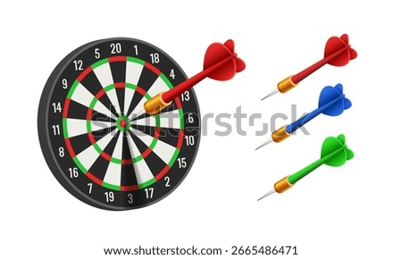 Darts. Dartboard and darts. Vector 3d clipart isolated on white background
