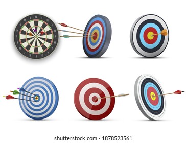 Darts or dart-throwing boards with arrows in and around center realistic set. Competitive sport tools, equipment collection. Round targets, dartboards. Vector illustration isolated on white.