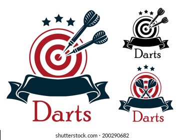 Darts emblem logo with crossed a dart board and darts over a blank ribbon banner with stars above in three color variants with text - Darts