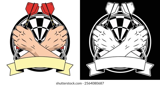 Darts emblem logo with crossed hand holding darts vector illustration. Team or sport club emblem design	
