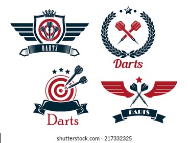 Darts emblems set with laurel wreath, crowns, ribbon banners, outspread wings, heraldic shield,  stars and darts for sporting symbol design