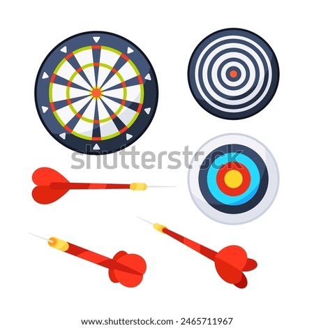 Darts equipment collection. Dart throwing boards with arrows.