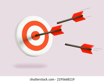 Darts flying to the center of target. 3d vector illustration