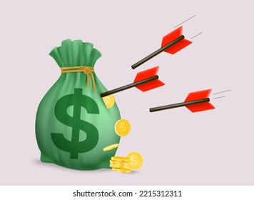 Darts flying to the money bag. Investment, business success concept. 3d vector illustration