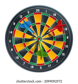 Darts game with blue, red and green darts. Hit the target. Sports game. Vector illustration isolated on white background.