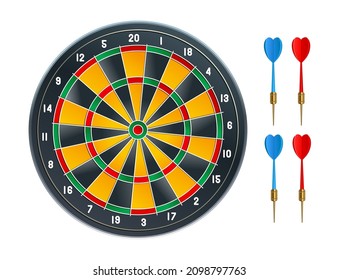 Darts game with blue and red darts. Sports game. Vector illustration on white background.