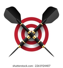 Darts game championship emblem, two crossed darts over simple target or dartboard, vector