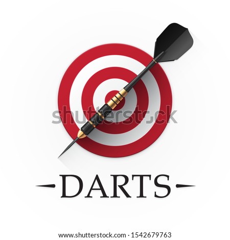Darts game emblem. Vector illustration showing a detailed black dart with golden parts on a background of a simple red target