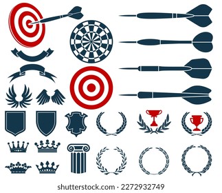 Darts game heraldic blazons, award coat of arms, prize elements, targets, dartboard and banners, darts competition emblem, vector