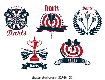Darts game icons design with dartboard, arrows and trophy cup, adorned by stars, laurel wreaths and ribbon banners
