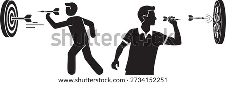 Darts Game Silhouettes: Players Aiming Throws at Dartboard, Precision Sport Icons