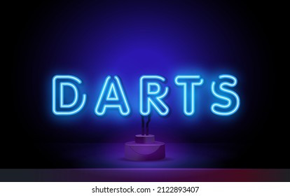 Darts Game symbols neon logo, light banner design element colorful modern design trend, bright sign. Darts Tournament Neon Signs Style Text Vector