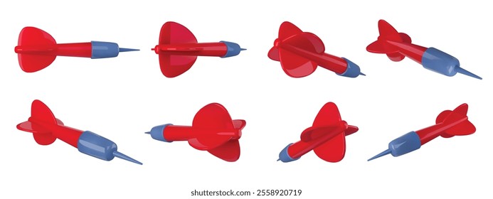 Darts game throwing arrows. Realistic 3D flying dart with aerodynamic wings and pointed needle tips, glossy arrow toy objects different angles isolated vector set.