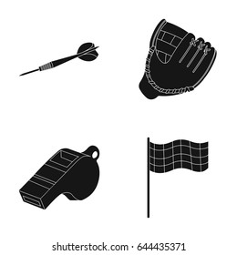 Darts for the game of darts, whistle for the referee, glove for playing baseball, checkbox for the football field. Sport set collection icons in black style vector symbol stock illustration web.