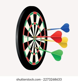 Darts hitting the dart board. Vector art 3d illustration