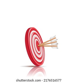 Darts hitting a red target on the center isolated on white background. 3d render illustration