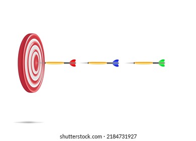 Darts hitting a red target on the center isolated on white background. 3d render illustration