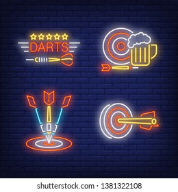 Darts hitting targets and beer mug neon signs set. Game, entertainment, goal design. Night bright neon sign, colorful billboard, light banner. Vector illustration in neon style.