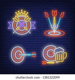 Darts hitting targets, crown and beer mug neon signs set. Game, entertainment, goal design. Night bright neon sign, colorful billboard, light banner. Vector illustration in neon style.