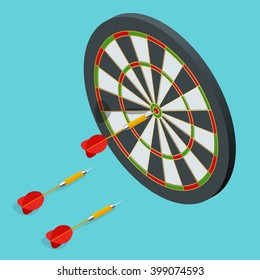 The darts isolated on write background.  Success target, aim, goal achievement concept. Three darts arrows fly to center 