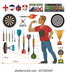 Darts items, elements with darts man, dart, arrow, dartboard, trophy shield for sport and leisure theme design. Vector illustration art
