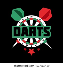 Etiqueta de dardos. Símbolos deportivos del logotipo de la marca. Dardos, tablero de dartboard, cinta para deporte, logo deportivo y diseño de ocio. Ilustración vectorial.