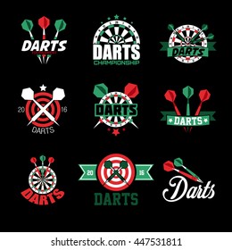 Darts Labels and Icons Set. Vector Illustration. Sports emblems and symbols with crossed darts, target for sporting design.