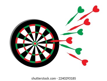 Darts. Multicolored darts fly to the target. Vector image for prints, poster and illustrations.