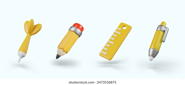 Darts needle, pencil, ruler, pen. Set of yellow office items. Isolated elements