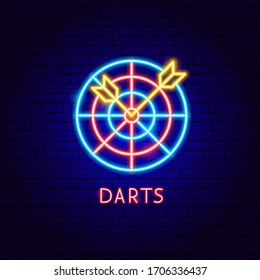 Darts Neon Label. Vector Illustration of Computer Game Promotion.