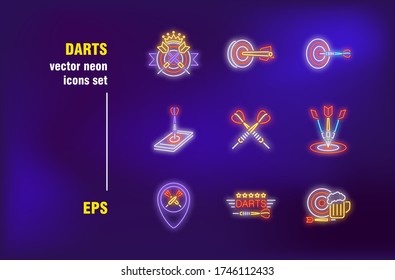 Darts neon signs set. Arrow, target, aim, beer, bar, accuracy, bullseye, tournament. Night bright advertising. Vector illustration in neon style for banners, posters, flyers design