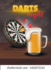 Darts Night Vertical Banner, Aim Board with Darts in Center and Big Glass of Beer Stand on Wooden Table Surface on Brick Wall Background. Casino Gambling Games, Pub, 3D Vector Realistic Illustration