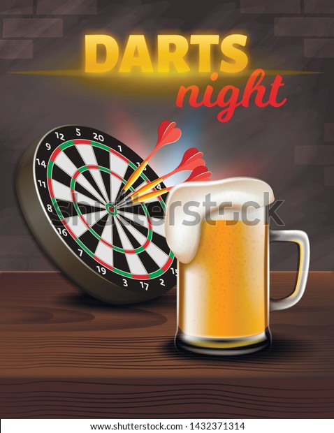 Darts Night Vertical Banner, Aim Board with\
Darts in Center and Big Glass of Beer Stand on Wooden Table Surface\
on Brick Wall Background. Casino Gambling Games, Pub, 3D Vector\
Realistic Illustration