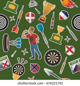 Darts pattern items, elements, labels, icons, symbols, emblems with darts men, dart, arrow, dartboard, trophy shield for sport and leisure theme design. Vector illustration art