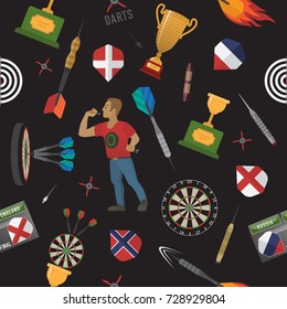 Darts pattern with items, elements, labels, icons, symbols, emblems, darts men, dart, arrow, dartboard, trophy shield for sport and leisure theme design. Vector illustration art
