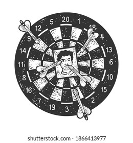 Darts with photo sketch engraving vector illustration. T-shirt apparel print design. Scratch board imitation. Black and white hand drawn image.