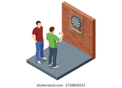 Jugadores de Dardos. Juego de dardos isométricos con dos jugadores apuntando a la diana. Concepto interior del ocio y de la competencia aislado en el fondo blanco.