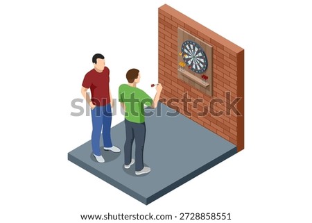 Darts Players. Isometric darts game with two players aiming at dartboard. Indoor leisure and competition concept isolated on white background.
