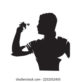 Darts playing, dart-throwing sport, isolated vector silhouette, side view