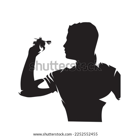 Darts playing, dart-throwing sport, isolated vector silhouette, side view