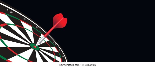 Darts with a red arrow in the center of the dartboard. Targeting, business and success concept. Black background. Copy space.