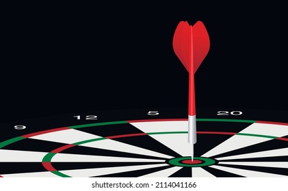 Darts with a red arrow in the center of the dartboard. Targeting, business and success concept. Black background. Copy space. Vector illustration