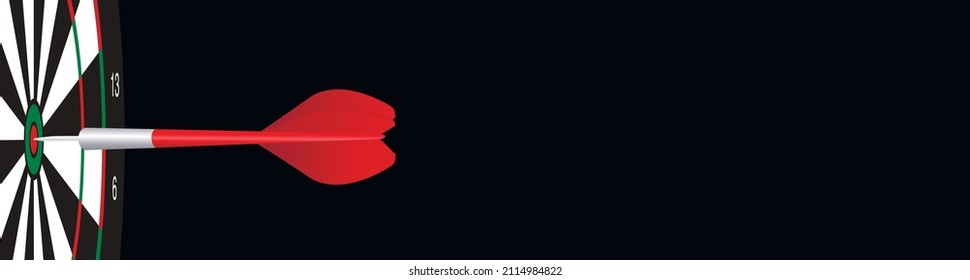 Darts with a red arrow in the center of the target. Targeting, business and success concept. Black background. Banner. Copy space. Vector illustration