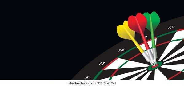 Darts with a red, green and yellow arrow in the center of the target. Targeting, business and success concept. Black background. copy space. Vector illustration