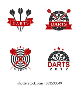 Darts set labels sports emblem and symbol isolated on white background. Dart boards target with darts arrow icon. Vector Illustration