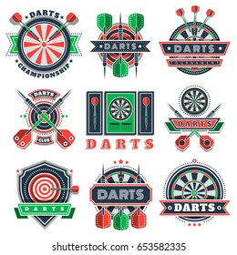 Darts sport tournament and championship logo, icons and badges. Dartboards, targets and arrows with wings decorated with ribbons, stars, dots. Design for darts sport and fan clubs.